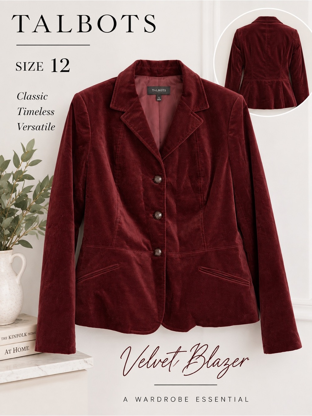 Talbots Size 12 Burgundy Velvet Blazer Jacket Cotton Stretch Academia